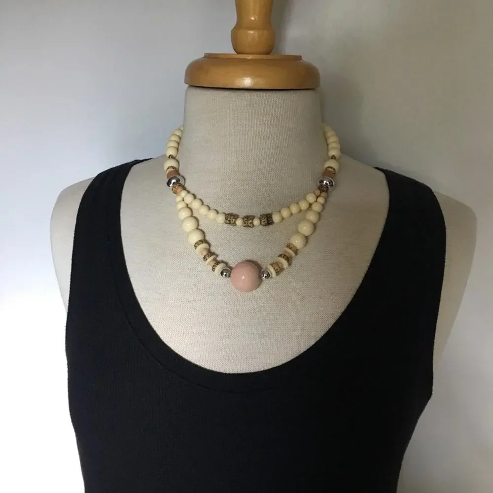 Unique pale tones cream and pale pink double strand necklace